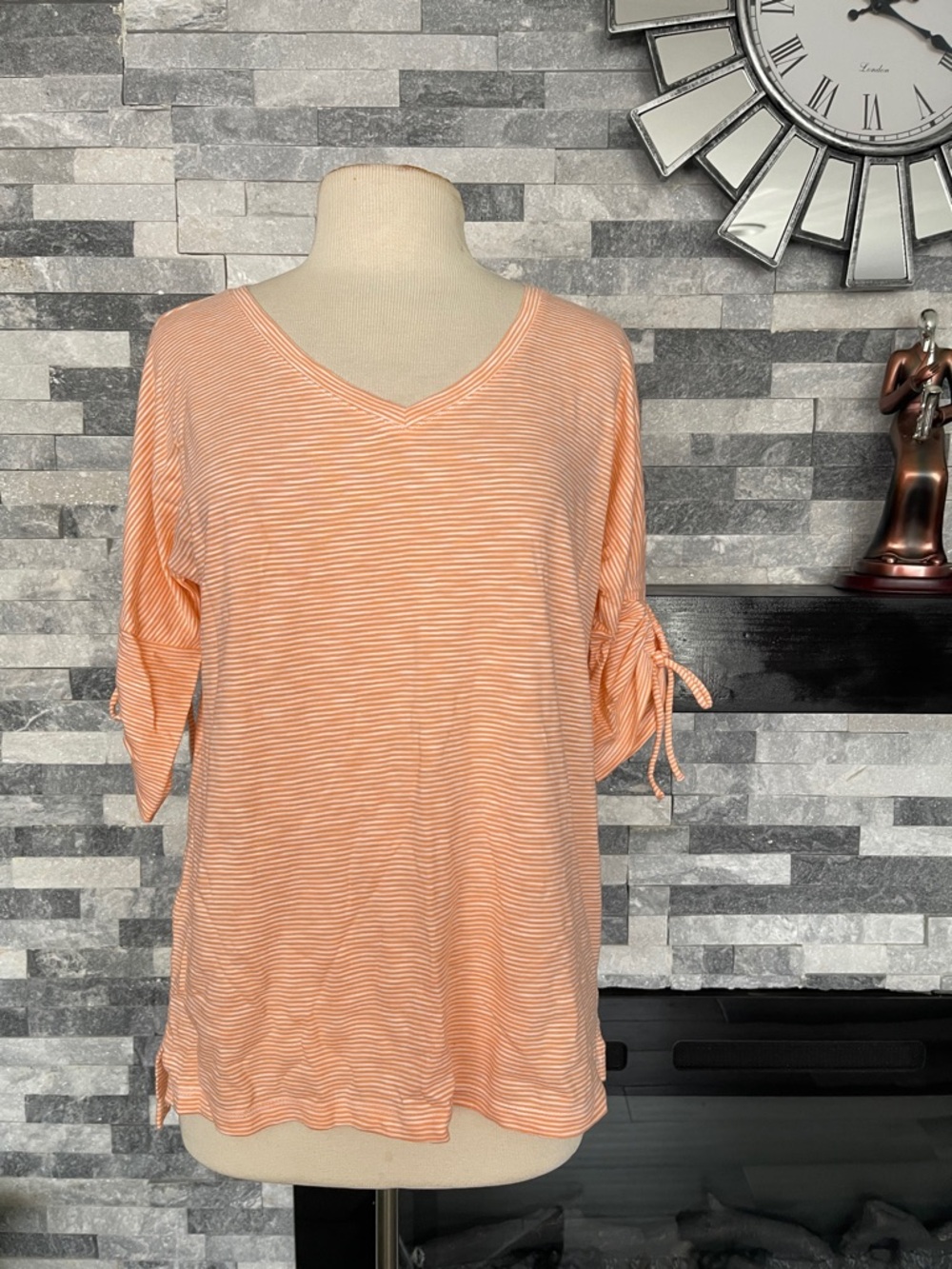 Talbots Top Womens S ???Orange Stripe T-Shirt V-Neck Dolman Sleeve Cotton Modal